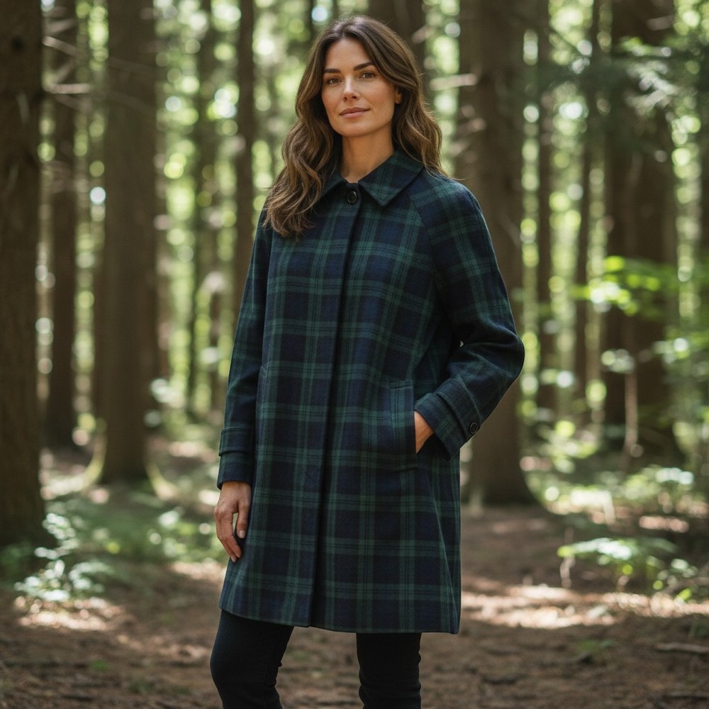 Talbots Plaid Car Coat Womens 6P Green Navy Black Watch Tartan Cotton Jacket